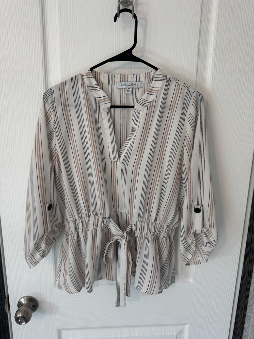 Sweet Rain Cream Top with Taupe & Black Stripes Drawstring Peplum